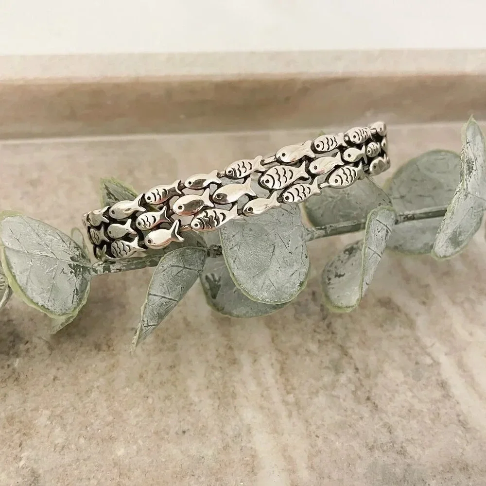 925 Sterling Silver Cuff Bracelet School of Fish Bracelet Modern Silver Bangle